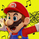 An angry Mario screams while standing in front of musical notes on a yellow background.